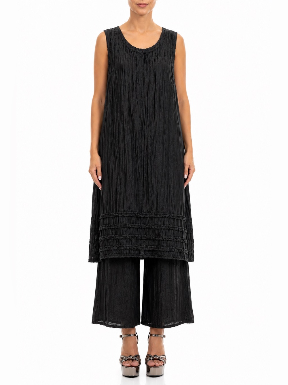 GRIZAS SLEEVELESS CRINKLED
SILK LINEN TUNIC DRESS LAGENLOOK SZ S